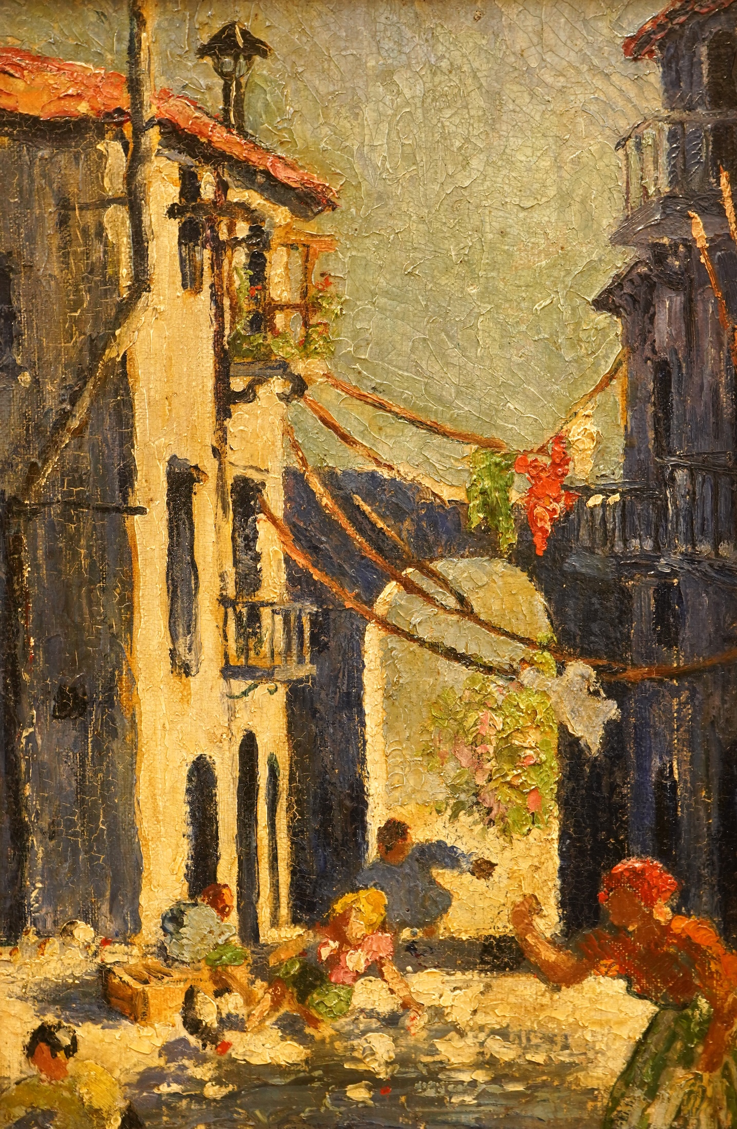 Continental School, Street scene with figures, unsigned, oil on canvas board, 34 x 22cm